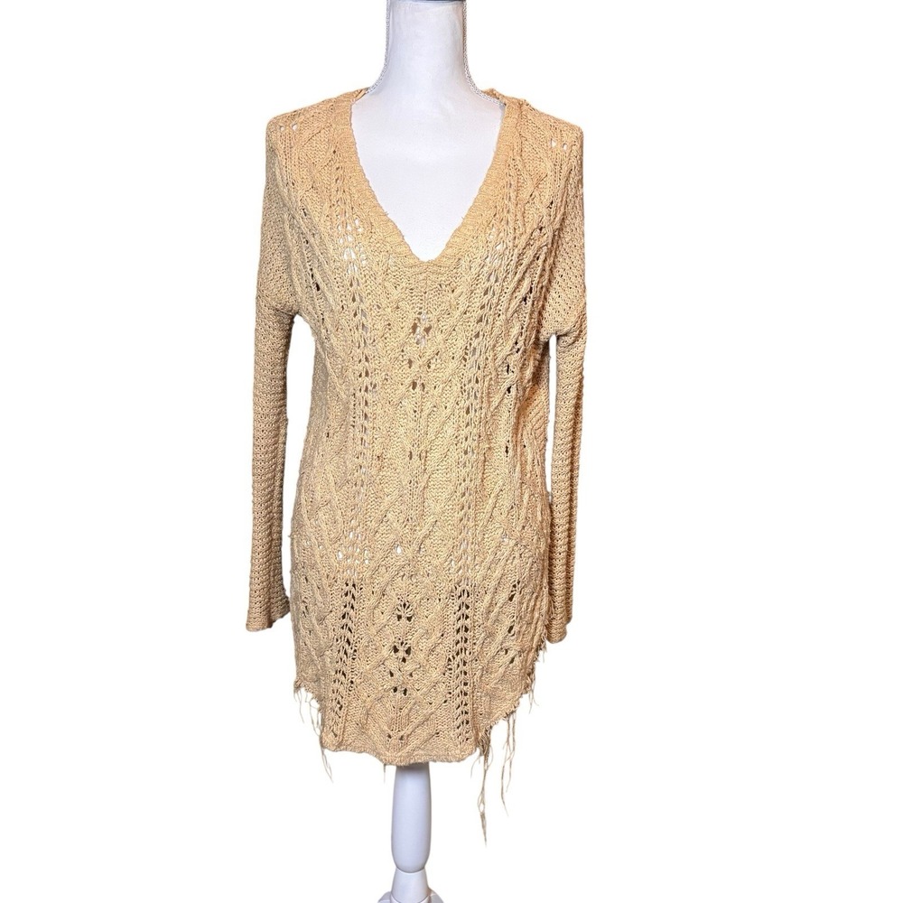 Free‎ People Cross My Heart Sweater Tunic XS Yellow Open Knit Raw Hem Boho